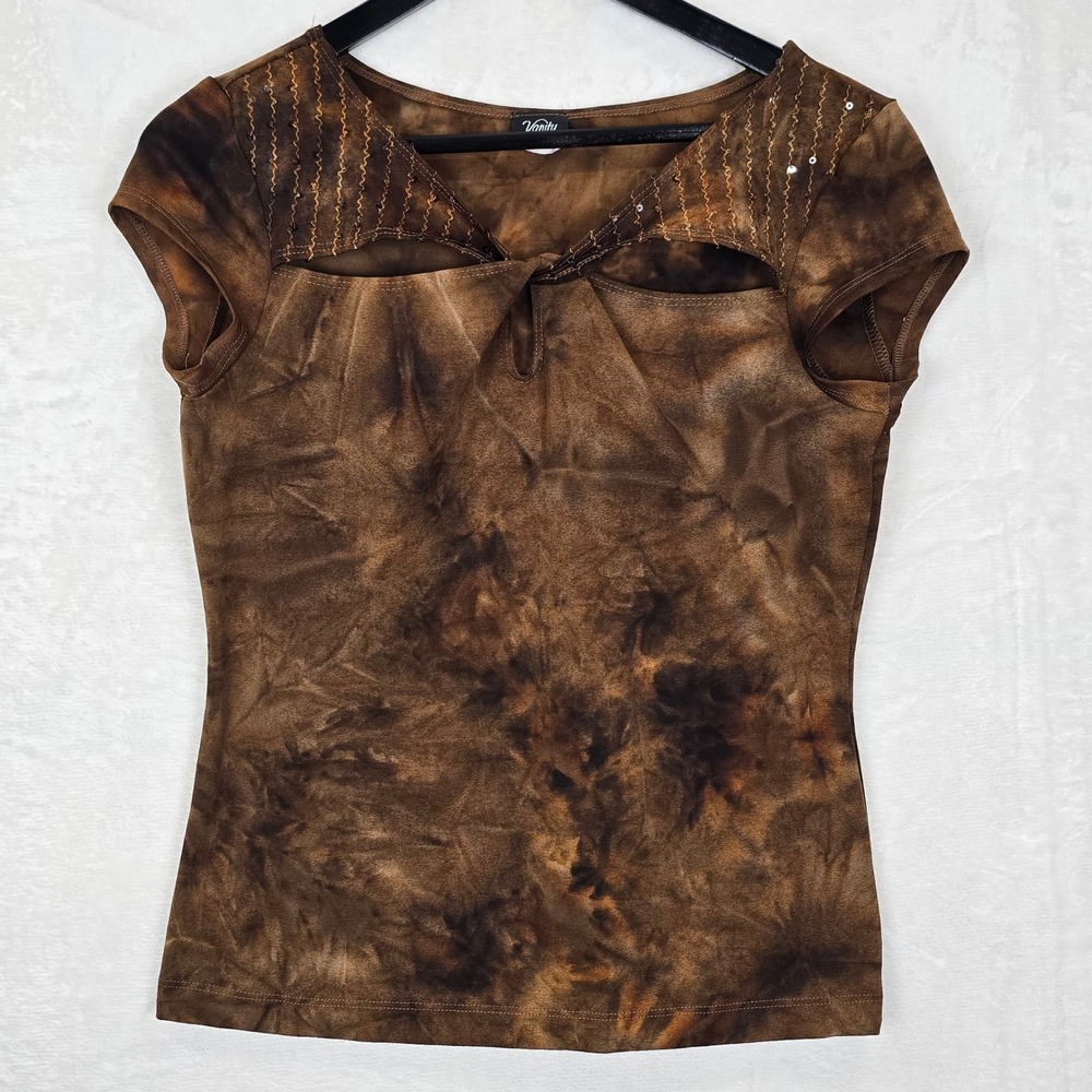 Y2K Vanity Women Brown Tie Dye Cutout Sequin Short Sleeve Top Large Made in USA